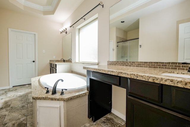 27326 Pendleton Trace Dr, Spring, TX 77386 - full bath with a shower stall, vanity, a garden tub, crown molding, and tasteful backsplash
