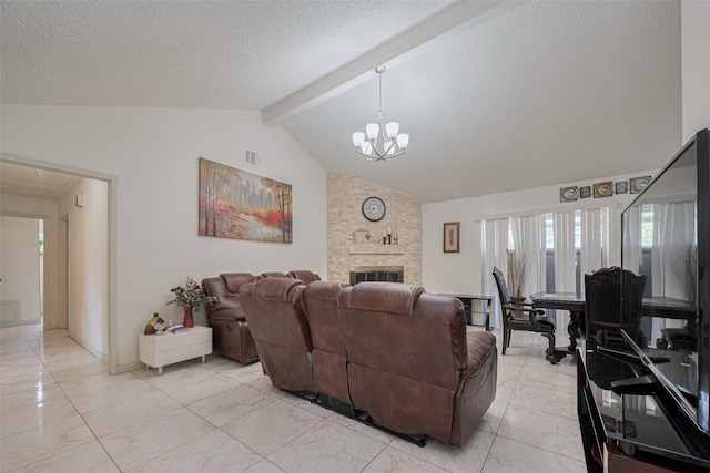 25514 Wingfield Ln, Spring, TX 77373 - living area with a stone fireplace, a chandelier, a textured ceiling, light marble finish floors, and baseboards