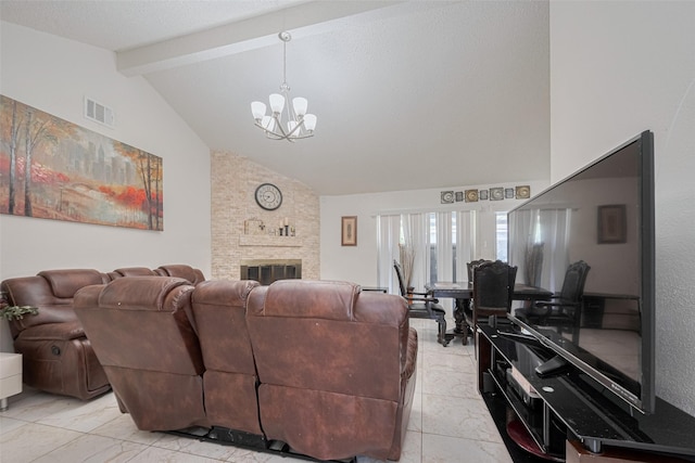 25514 Wingfield Ln, Spring, TX 77373 - living area featuring a chandelier, beamed ceiling, a fireplace, and high vaulted ceiling