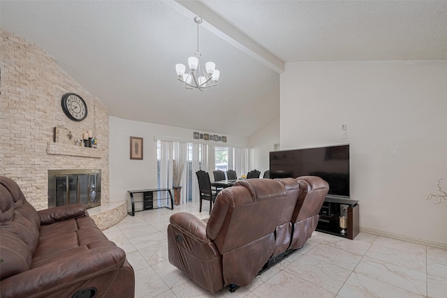 25514 Wingfield Ln, Spring, TX 77373 - living room with a chandelier, high vaulted ceiling, light marble finish flooring, beamed ceiling, and a brick fireplace