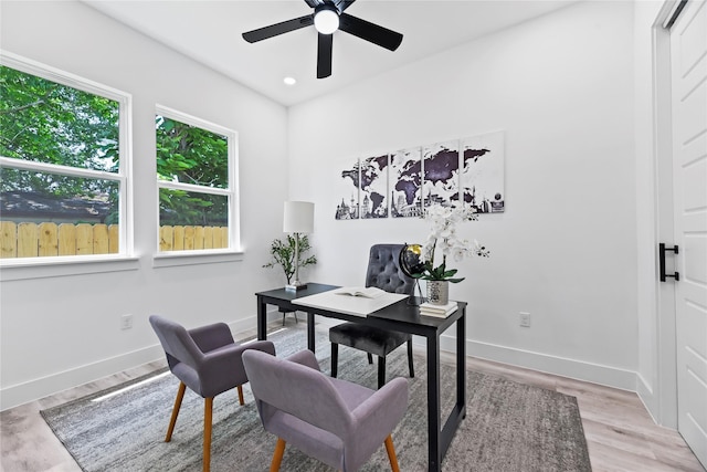 7212 England St, Houston, TX 77021 - home office featuring a ceiling fan, light wood-style flooring, baseboards, and recessed lighting