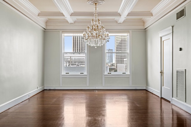 1700 Main St Unit 7B, Houston, TX 77002 - unfurnished dining area with wood finished floors, ornamental molding, plenty of natural light, coffered ceiling, and beam ceiling