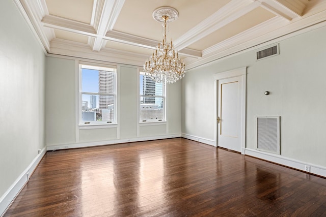 1700 Main St Unit 7B, Houston, TX 77002 - empty room with coffered ceiling, a chandelier, crown molding, wood finished floors, and beamed ceiling