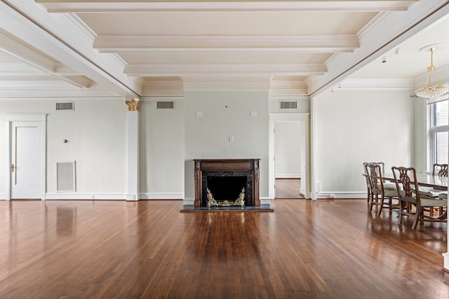 1700 Main St Unit 7B, Houston, TX 77002 - living area featuring beamed ceiling, wood finished floors, ornamental molding, baseboards, and a fireplace