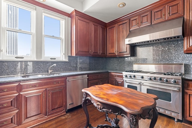 1700 Main St Unit 7B, Houston, TX 77002 - kitchen with appliances with stainless steel finishes, under cabinet range hood, a sink, and dark countertops