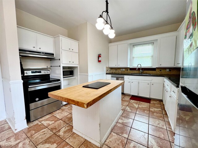 3704 5th St, Brookshire, TX 77423 - kitchen with stainless steel appliances, under cabinet range hood, wooden counters, a sink, and white cabinetry