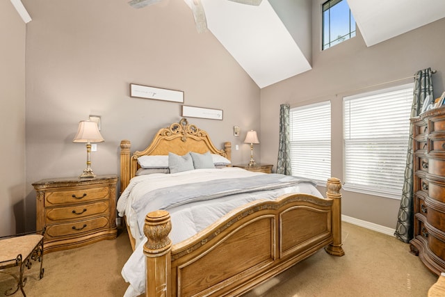 12596 Point Aquarius Blvd, Willis, TX 77318 - bedroom with light colored carpet, baseboards, and high vaulted ceiling