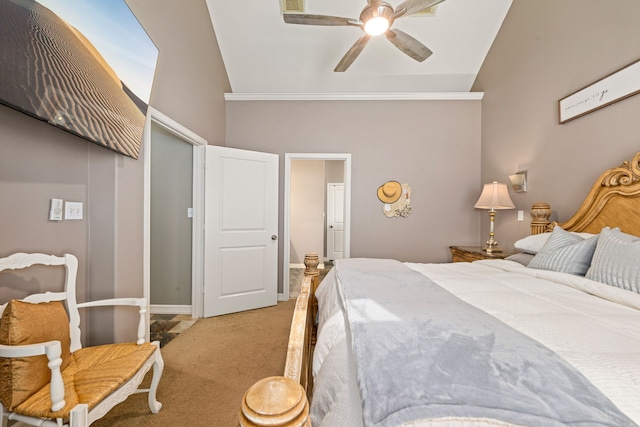 12596 Point Aquarius Blvd, Willis, TX 77318 - bedroom with carpet flooring, high vaulted ceiling, a ceiling fan, and baseboards
