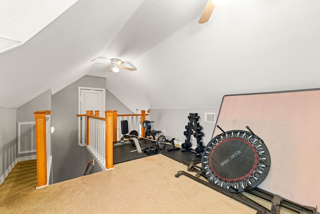 12596 Point Aquarius Blvd, Willis, TX 77318 - workout area featuring ceiling fan, lofted ceiling, and carpet