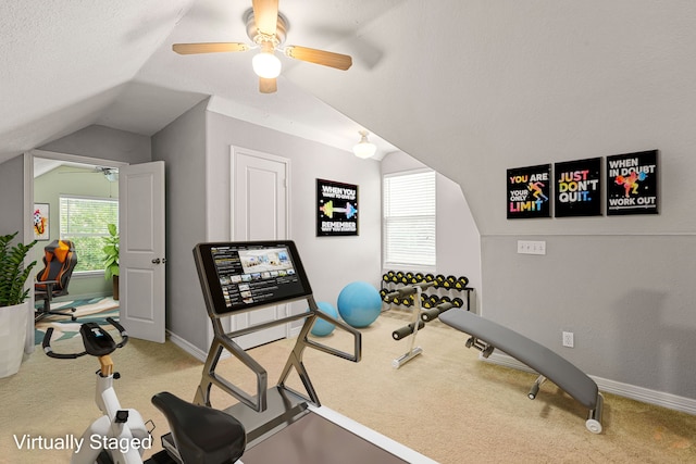 12596 Point Aquarius Blvd, Willis, TX 77318 - workout area with ceiling fan, vaulted ceiling, carpet, and baseboards