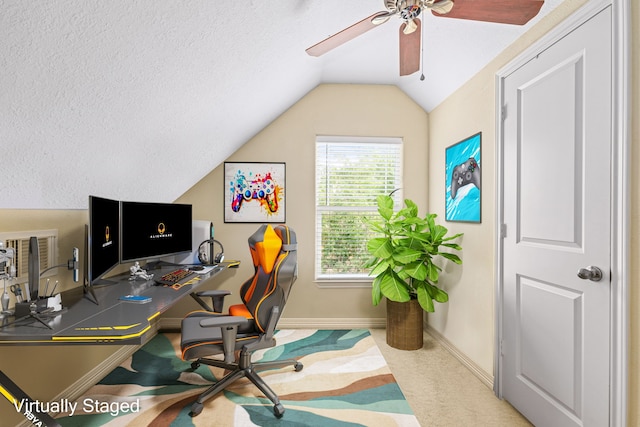 12596 Point Aquarius Blvd, Willis, TX 77318 - office space featuring vaulted ceiling, a ceiling fan, baseboards, and a textured ceiling