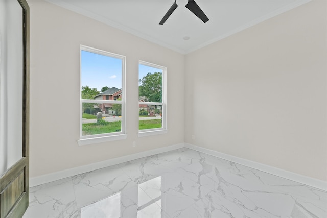 8102 Lanham Ln Unit A, Houston, TX 77075 - spare room with crown molding, baseboards, ceiling fan, and light marble finish flooring