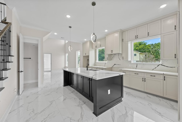 8102 Lanham Ln Unit A, Houston, TX 77075 - kitchen with baseboards, a sink, decorative backsplash, recessed lighting, and light marble finish floors