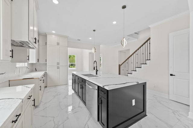 8102 Lanham Ln Unit A, Houston, TX 77075 - kitchen with a sink, dishwasher, recessed lighting, white cabinetry, and light marble finish floors
