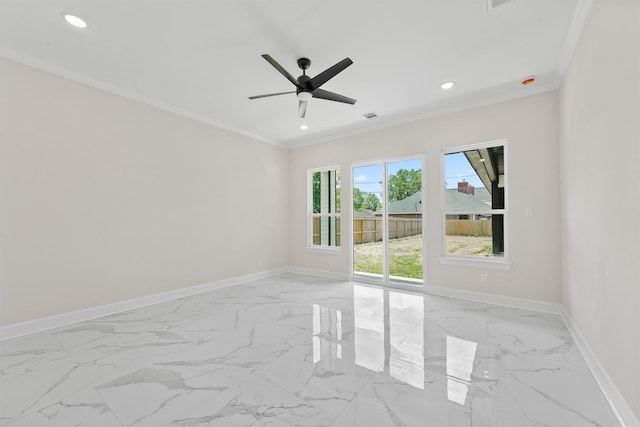 8102 Lanham Ln Unit A, Houston, TX 77075 - unfurnished room featuring light marble finish flooring, baseboards, ornamental molding, recessed lighting, and ceiling fan