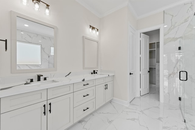 8102 Lanham Ln Unit A, Houston, TX 77075 - bathroom with a marble finish shower, double vanity, marble finish floors, baseboards, and a walk in closet