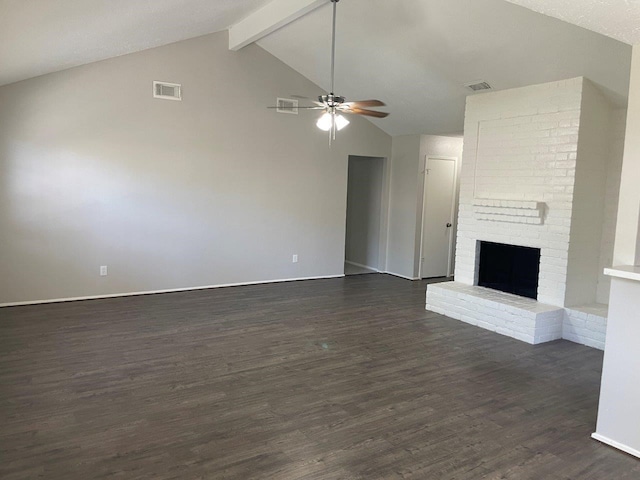 8315 Marble Arch Ct, Humble, TX 77338 - unfurnished living room with a ceiling fan, dark wood-style floors, a fireplace, and baseboards