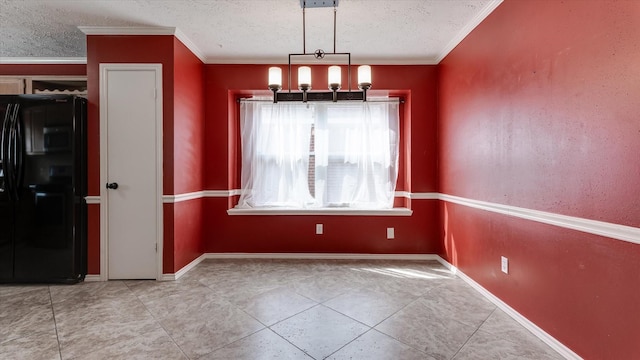 23938 Spring Way Dr, Spring, TX 77373 - unfurnished dining area featuring a textured ceiling, tile patterned floors, ornamental molding, and baseboards