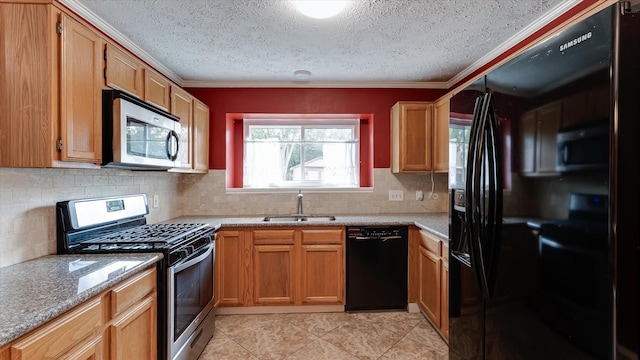 23938 Spring Way Dr, Spring, TX 77373 - kitchen with black appliances, a sink, backsplash, a textured ceiling, and ornamental molding