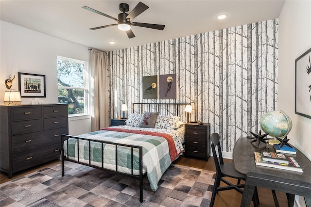 9122 Heckenberg Arbor Ln, Cypress, TX 77433 - bedroom featuring recessed lighting, an accent wall, wallpapered walls, and ceiling fan