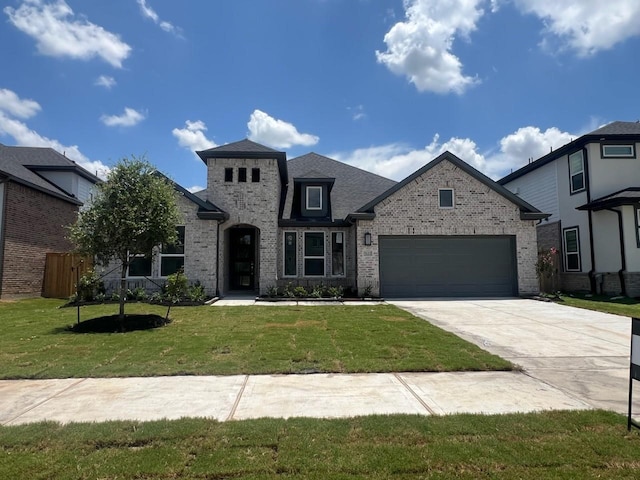 9122 Heckenberg Arbor Ln, Cypress, TX 77433 - french country home with brick siding, driveway, an attached garage, and a front yard