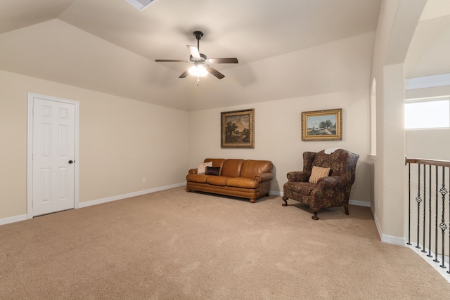 11702 Saporito Way, Richmond, TX 77406 - living area featuring light colored carpet, a ceiling fan, baseboards, and lofted ceiling