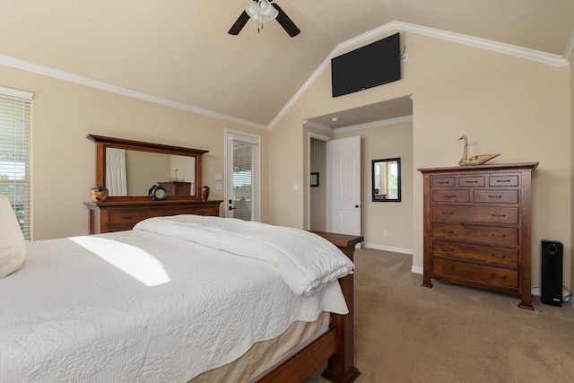 11702 Saporito Way, Richmond, TX 77406 - bedroom featuring carpet flooring, lofted ceiling, crown molding, a ceiling fan, and baseboards