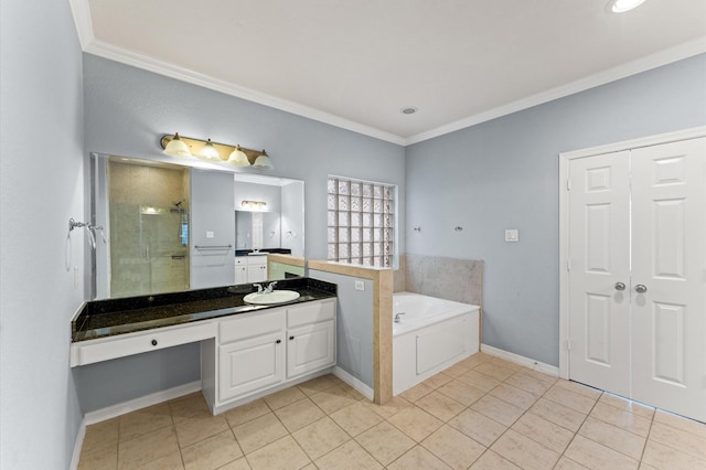 10106 Holly Chase Dr, Houston, TX 77042 - bathroom with a shower stall, ornamental molding, tile patterned flooring, a bath, and vanity
