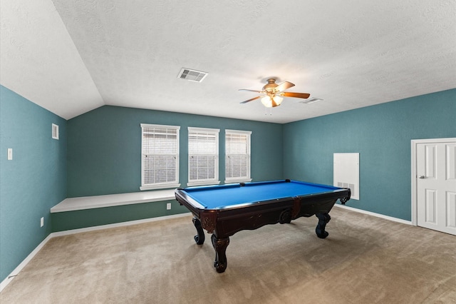 10106 Holly Chase Dr, Houston, TX 77042 - game room with carpet, a textured ceiling, a ceiling fan, billiards table, and baseboards
