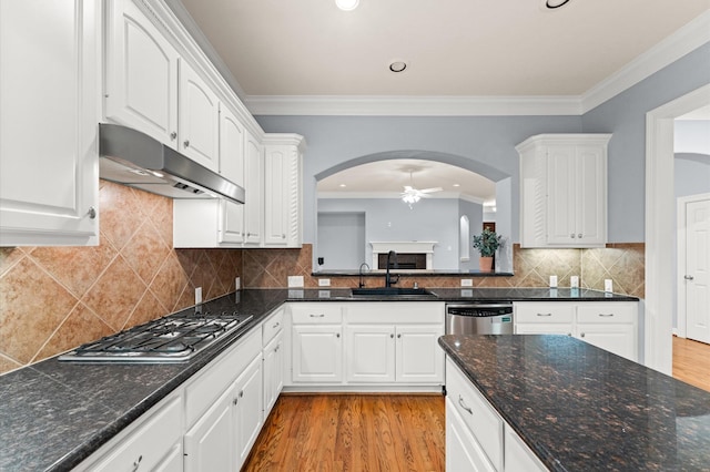 10106 Holly Chase Dr, Houston, TX 77042 - kitchen with under cabinet range hood, a sink, stainless steel appliances, arched walkways, and a ceiling fan