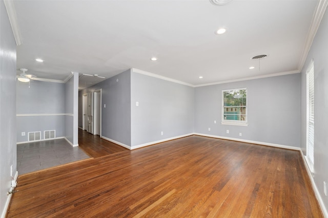 8022 Ridgeview Dr, Houston, TX 77055 - unfurnished room with wood finished floors, baseboards, crown molding, recessed lighting, and a ceiling fan
