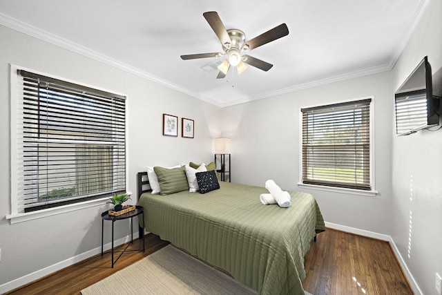 3206 Carter St, Pasadena, TX 77503 - bedroom featuring baseboards, ornamental molding, wood finished floors, and ceiling fan