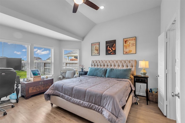 8310 Royal Breeze Dr, Cypress, TX 77433 - bedroom with vaulted ceiling, wood finished floors, a desk, and ceiling fan