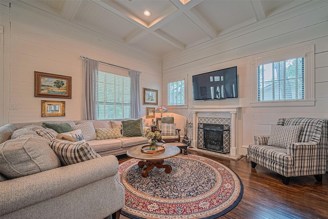 500 W Post Office St, Eagle Lake, TX 77434 - living area with wood finished floors, healthy amount of natural light, beamed ceiling, coffered ceiling, and a fireplace