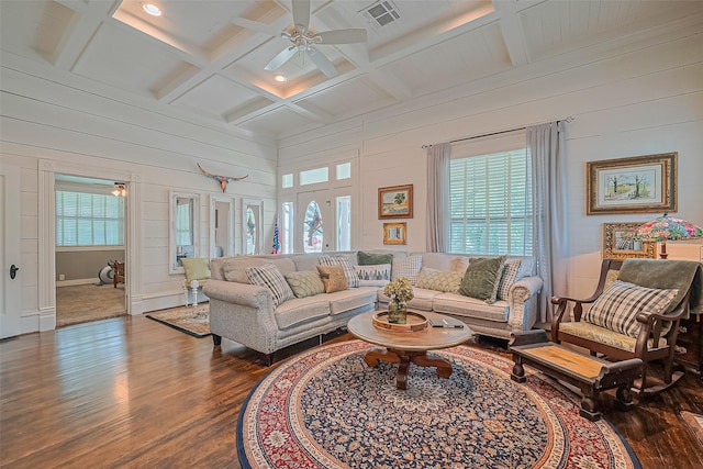 500 W Post Office St, Eagle Lake, TX 77434 - living area with wood finished floors, ceiling fan, healthy amount of natural light, coffered ceiling, and wood walls