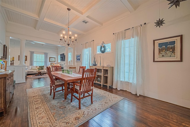 500 W Post Office St, Eagle Lake, TX 77434 - dining area with ornate columns, dark wood-type flooring, beam ceiling, coffered ceiling, and a chandelier