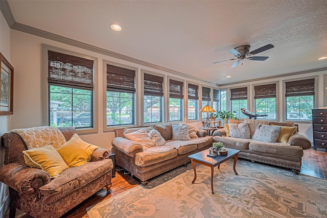 500 W Post Office St, Eagle Lake, TX 77434 - living room with wood finished floors, healthy amount of natural light, ceiling fan, crown molding, and recessed lighting
