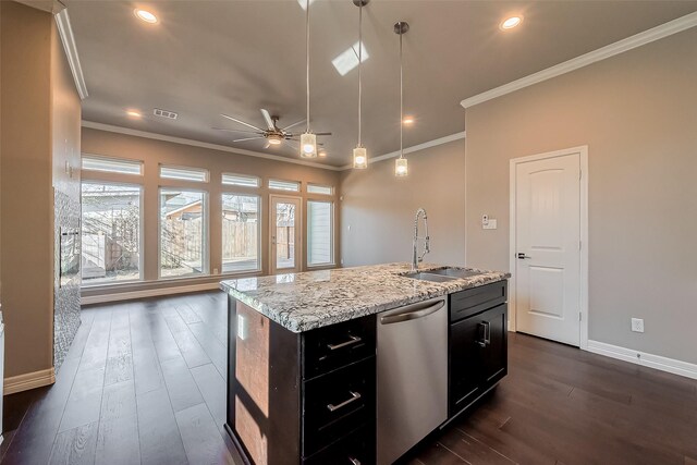 4307 Hershe St, Houston, TX 77020 - kitchen with dishwasher, crown molding, a sink, ceiling fan, and baseboards