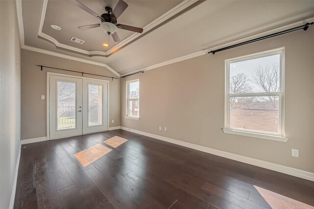 4307 Hershe St, Houston, TX 77020 - spare room featuring a raised ceiling, french doors, crown molding, dark wood-style floors, and a ceiling fan