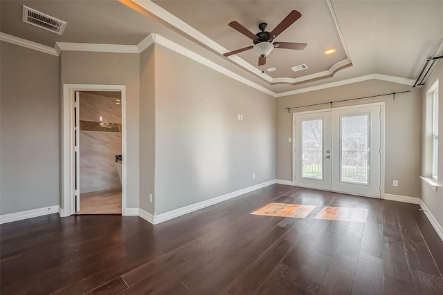 4307 Hershe St, Houston, TX 77020 - empty room featuring french doors, ceiling fan, dark wood-style flooring, crown molding, and baseboards