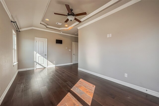 4307 Hershe St, Houston, TX 77020 - empty room featuring hardwood / wood-style floors, ceiling fan, crown molding, a raised ceiling, and baseboards