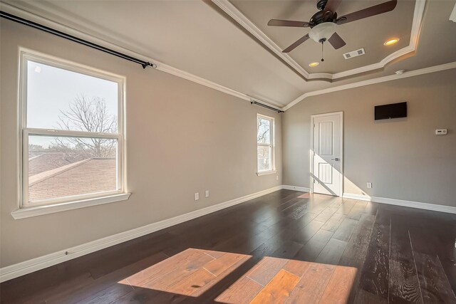 4307 Hershe St, Houston, TX 77020 - spare room with a raised ceiling, crown molding, baseboards, ceiling fan, and wood finished floors