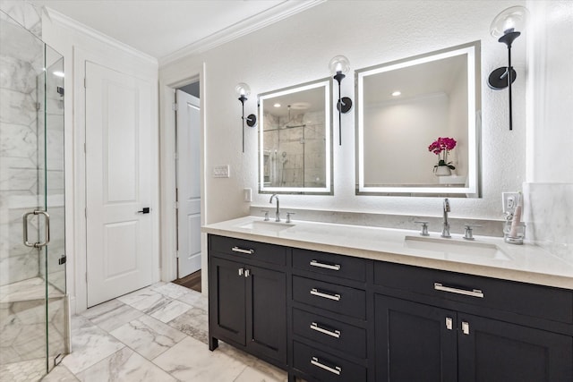 1702 De Milo Dr, Houston, TX 77018 - full bathroom featuring marble look tile flooring, a marble finish shower, ornamental molding, and double vanity