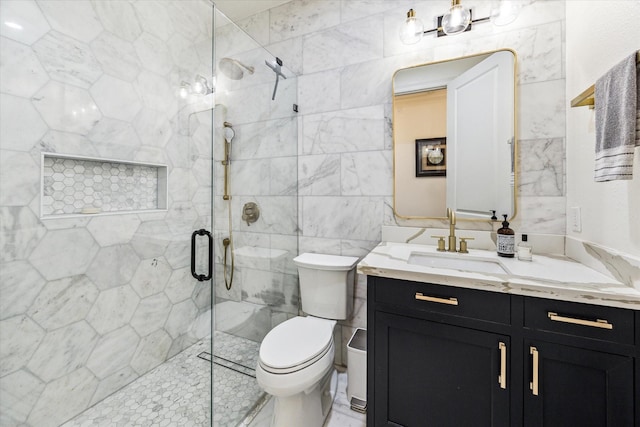 1702 De Milo Dr, Houston, TX 77018 - bathroom with a shower stall, tile walls, toilet, and vanity