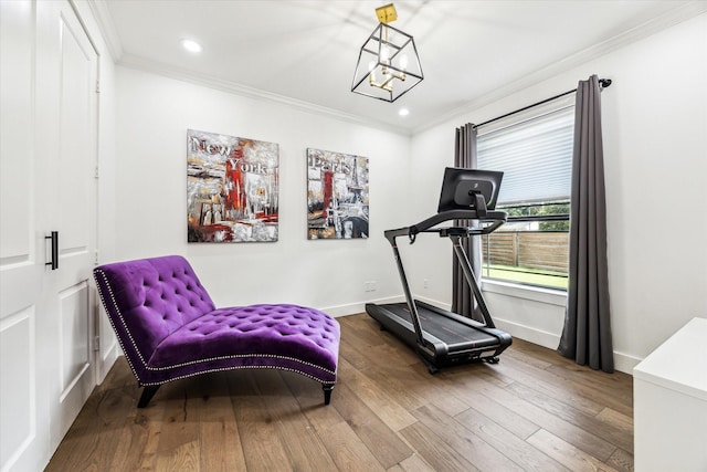 1702 De Milo Dr, Houston, TX 77018 - workout room with ornamental molding, a chandelier, baseboards, hardwood / wood-style floors, and recessed lighting