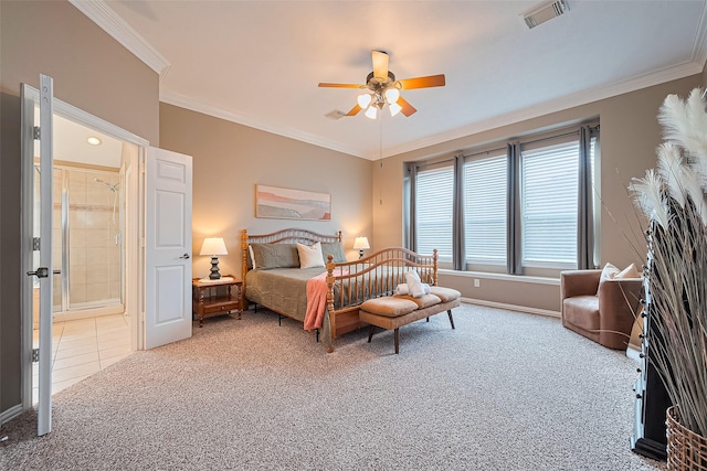 2500 Amy Lee Dr, Conroe, TX 77304 - bedroom featuring light colored carpet, ornamental molding, ceiling fan, and light tile patterned floors