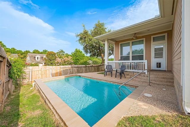 2500 Amy Lee Dr, Conroe, TX 77304 - view of swimming pool with a fenced backyard, ceiling fan, and a patio area