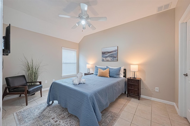 2500 Amy Lee Dr, Conroe, TX 77304 - bedroom featuring light tile patterned floors, lofted ceiling, and a ceiling fan