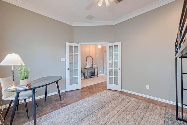 2500 Amy Lee Dr, Conroe, TX 77304 - home office featuring french doors, ornamental molding, and ceiling fan