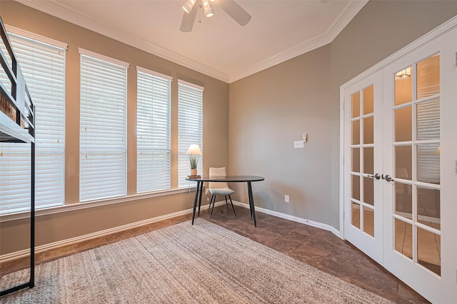 2500 Amy Lee Dr, Conroe, TX 77304 - office area with ornamental molding, ceiling fan, stone finish flooring, and french doors